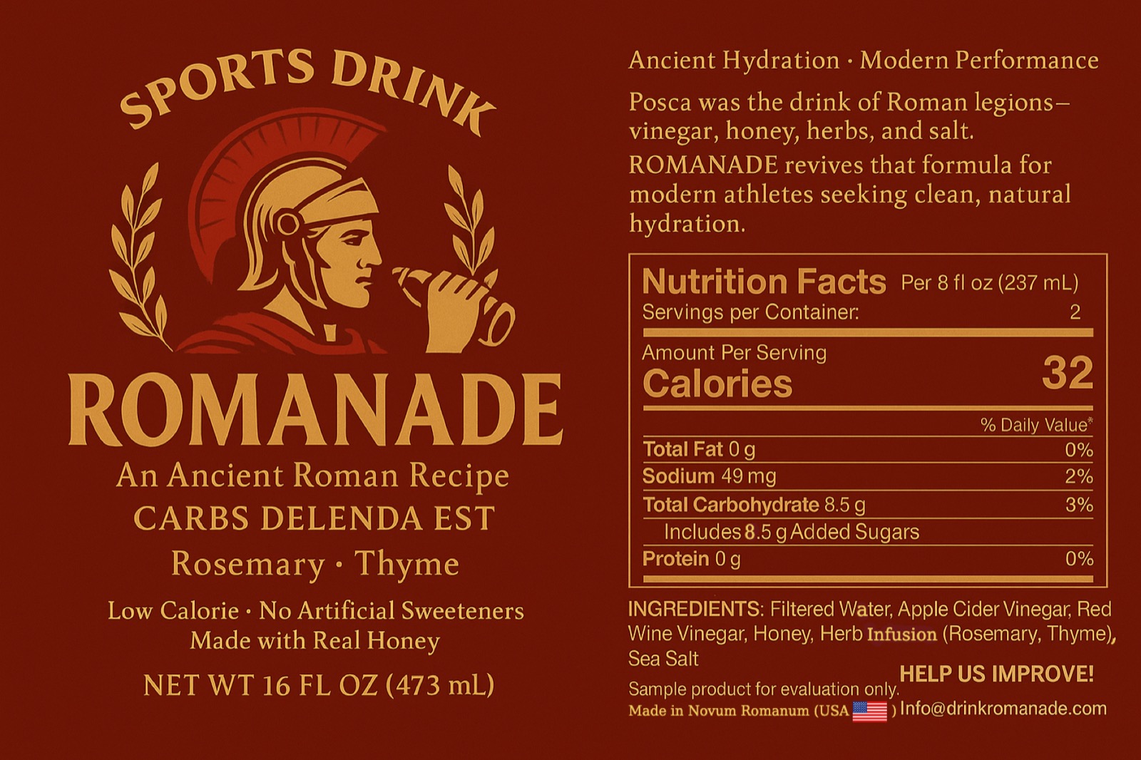 Romanade rosemary-thyme bottle label with ingredients and nutrition facts